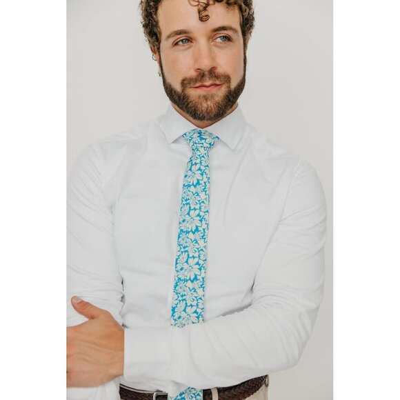 Men's Skinny Tie Floral Print Cotton Necktie Great for Weddings Blue Daisy - Picture 4 of 6